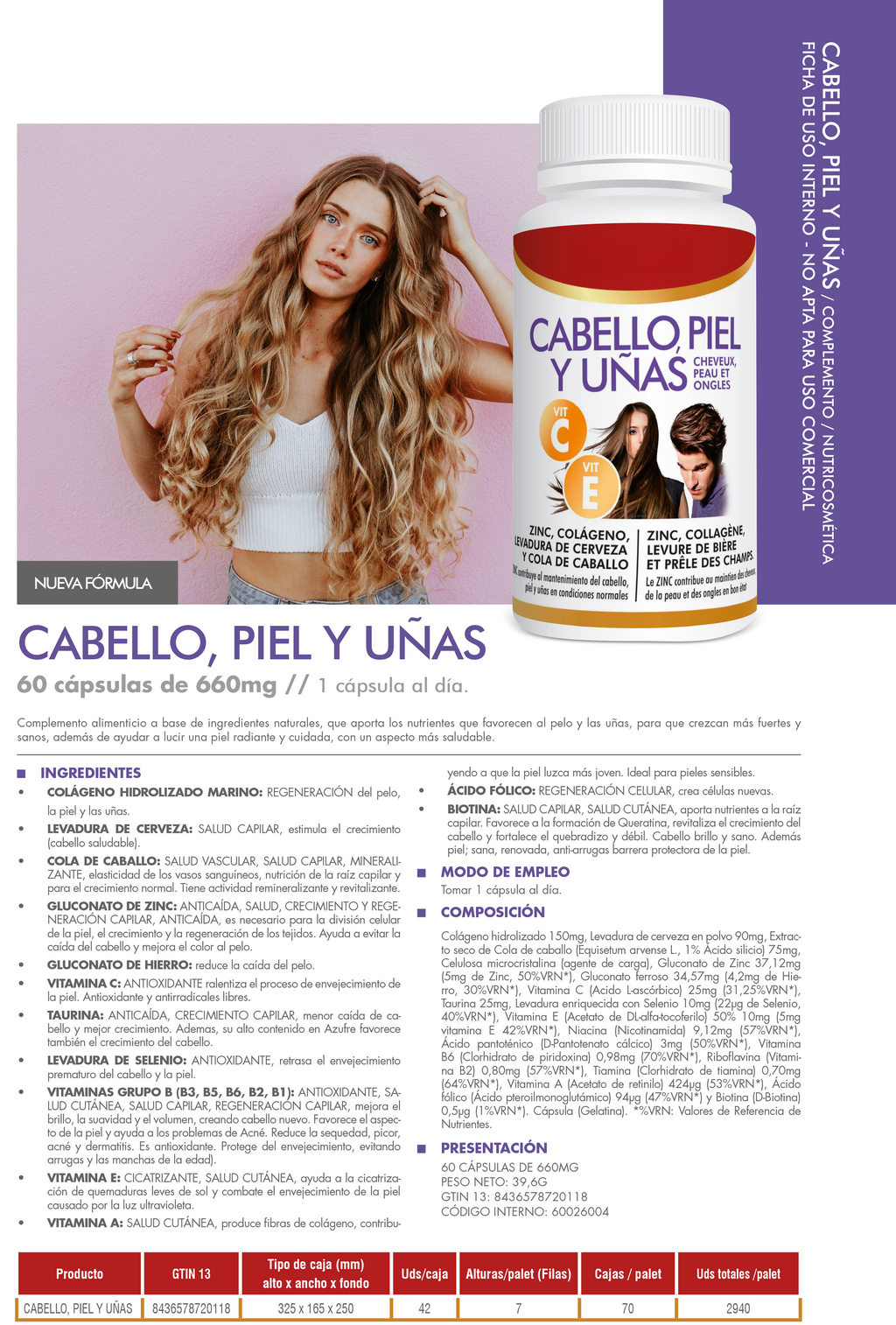 SUP Suplemento Cabello, Piel y Uñas – 60 Cápsulas Fortalecedoras